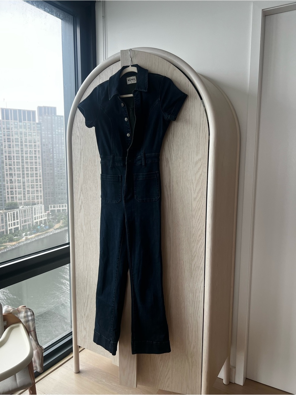 Show me ur MUMUWomen's Dark Blue Short-Sleeve Denim Jumpsuit